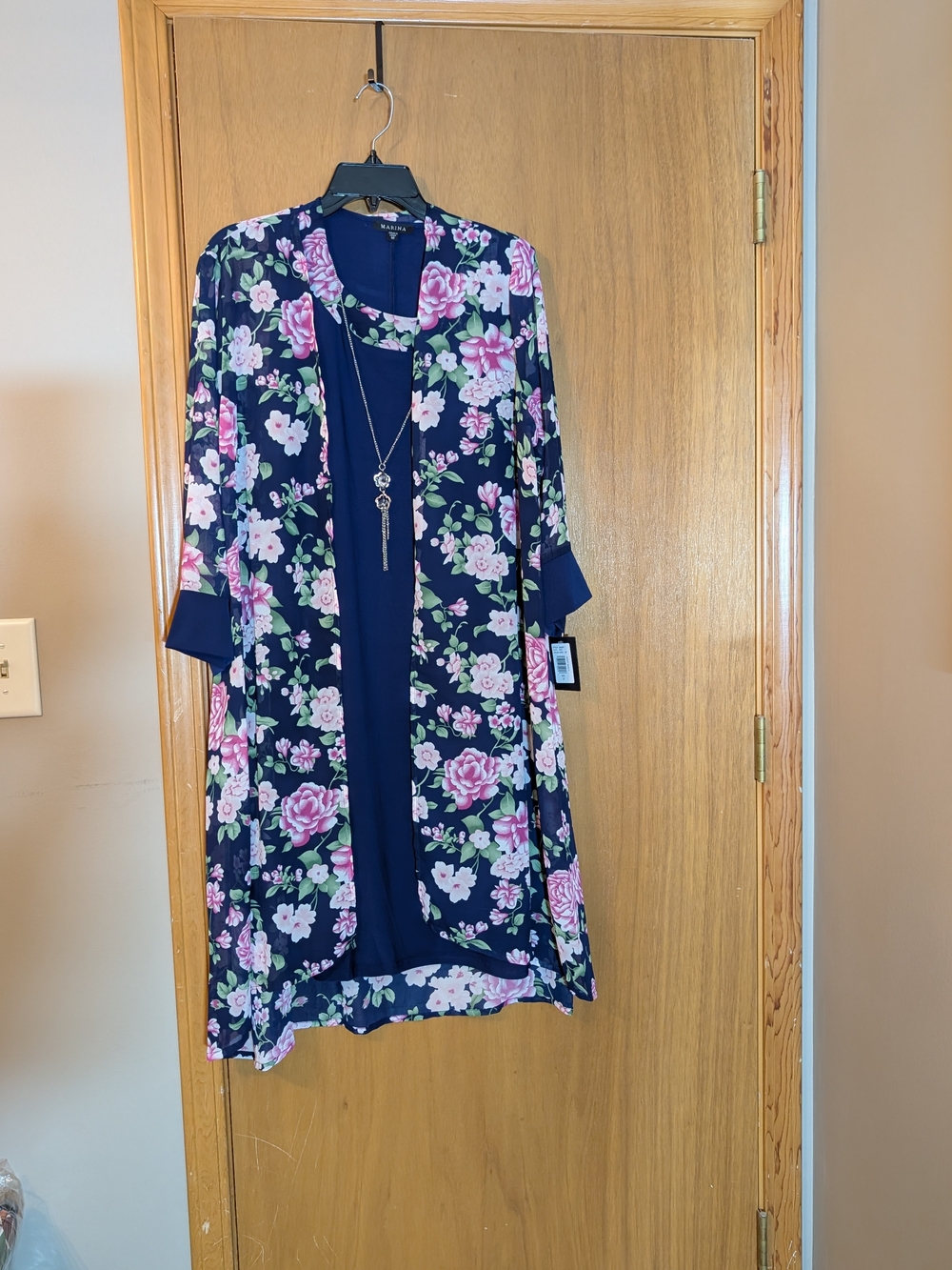 MARINA Navy Midi Dress with Pink Floral Open Cardigan